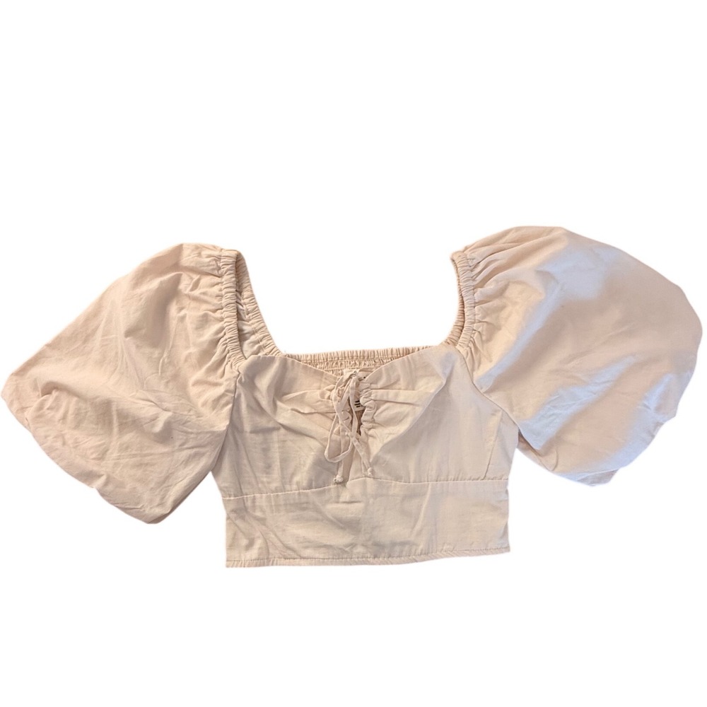 Romantic Cottagecore Pink Cotton Puff Sleeve Crop Top Smocked Tie Front Blouse M